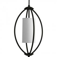 Progress P3937-80 - Two Light Forged Black Beige Linen Shade Glass Open Frame Foyer Hall Fixture